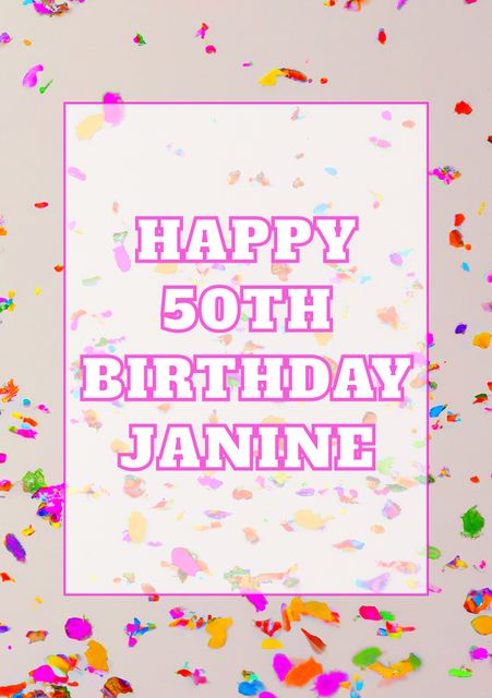 Bright and festive birthday greeting perfect for celebrating a 50th milestone. Colorful confetti and vibrant pink text makefor a lively and cheerful card design. Ideal for birthday party invitations, digital birthday e-cards, and social media posts to wish someone a happy 50th birthday with style.