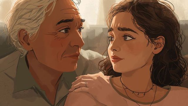 Gazing older man and young woman sharing tender moment on couch showing ring and necklaces