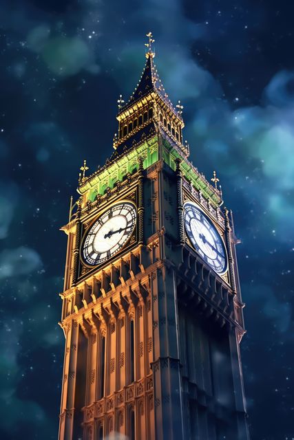 Iconic Big Ben clock tower bathed in night lights against a dreamy, slightly blurred background. The image captures the timeless beauty and architectural splendor, making it suitable for travel brochures, educational materials, desktop wallpapers, and tourism promotion for London.