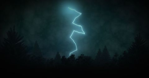 Dramatic Lightning Bolt Illuminating Dark Forest Night Sky