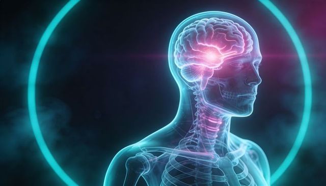 Translucent human anatomy rendering showing glowing brain and cervical spine with cyan halo