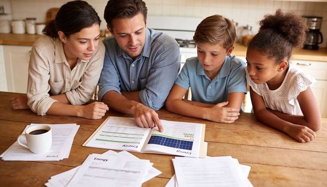 Family reviewing energy bills at kitchen table planning household budget and saving energy