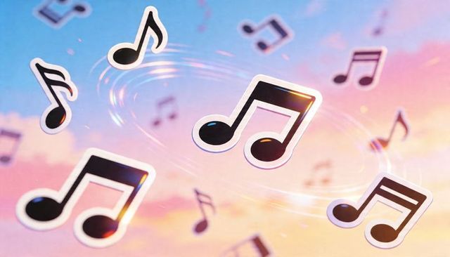 Floating musical notes drifting across pastel sky with sparkling motion trails