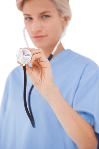Blonde doctor using stethoscope on transparent background