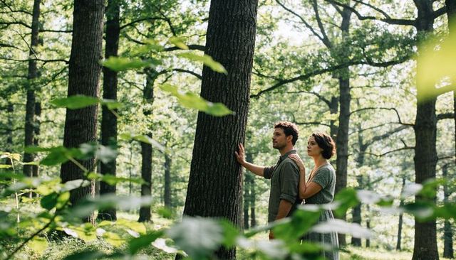 Couple connecting with oak tree in sunlit forest, walking among green canopy