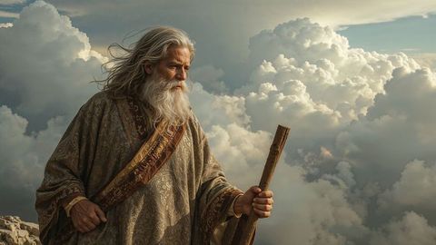 Wise moses elder stands on rocky ledge in majestic cloudscape background