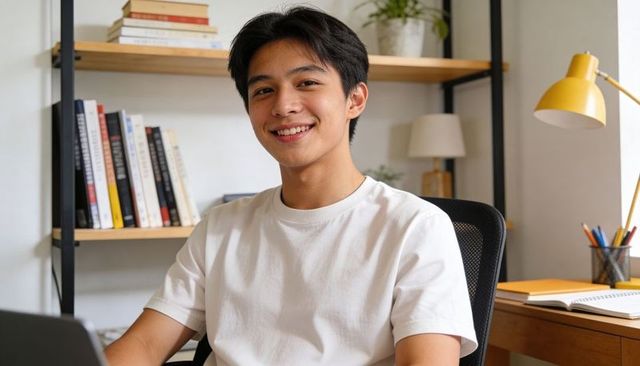 Smiling young asian male typing on laptop in cozy home study with bookshelf and desk