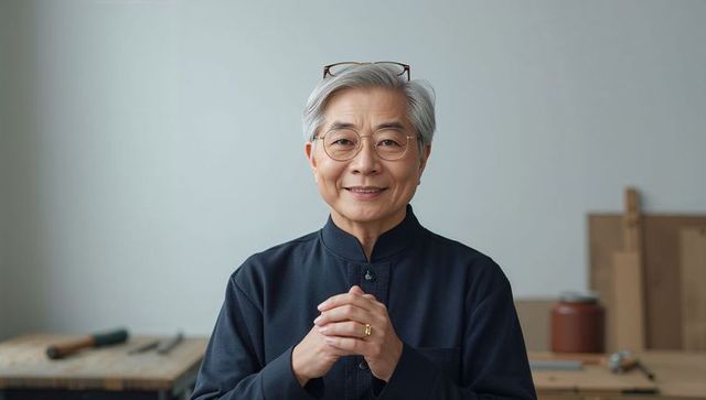 Smiling senior craftsperson wearing mandarin collar shirt and glasses in workshop