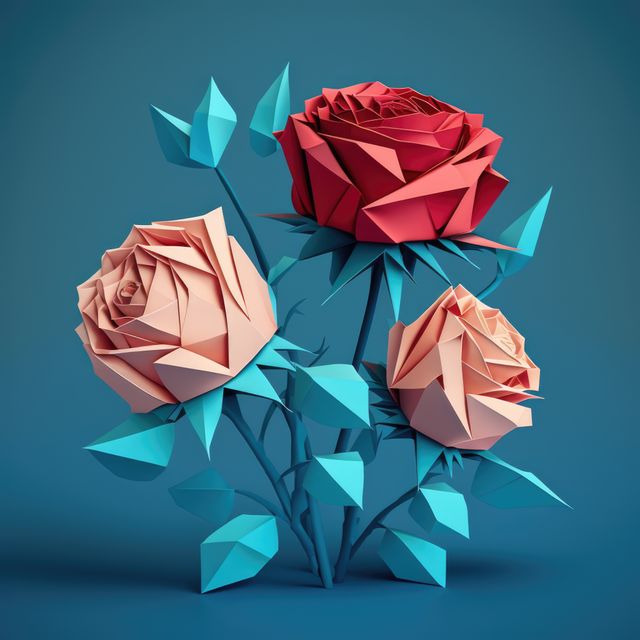 Image of pink and red origami roses on blue background, created using generative ai technology. Origami, art, nature and flowers, digitally generated image.