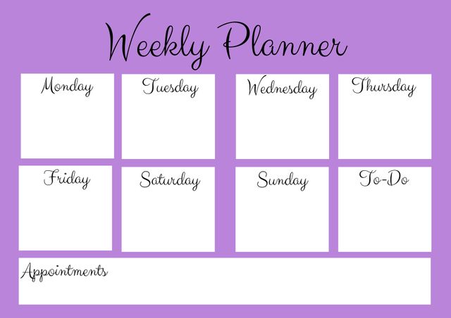 Purple Weekly Planner with Blank Spaces for Days of Week and Tasks - Download Free Stock Templates Pikwizard.com