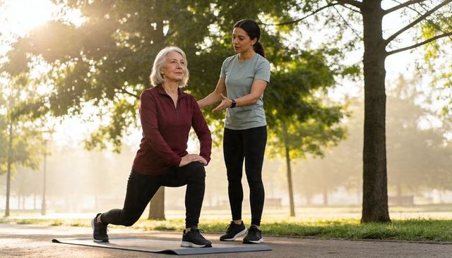 Senior woman lunging while coach guiding on sunlit park for morning fitness and wellness