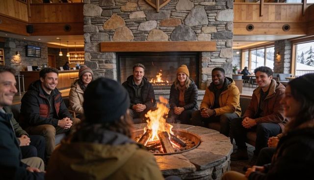Friends relaxing around lodge fire pit in cozy winter cabin lounge with mountain views