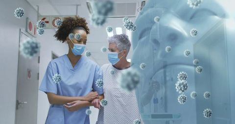 Masked nurse guiding elderly patient through hospital corridor with virus overlay and ppe