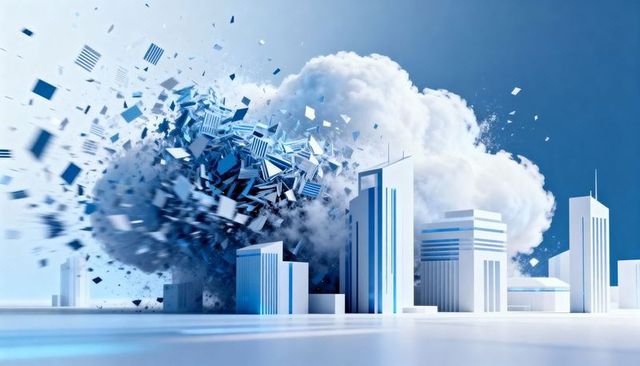 Shattering digital cloud exploding into fragments over futuristic blue city skyline