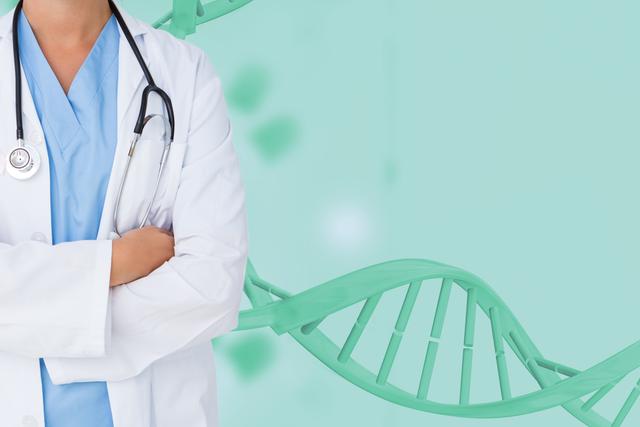 Midsection of Doctor with DNA Strand Icon on Green Background - Download Free Stock Photos Pikwizard.com