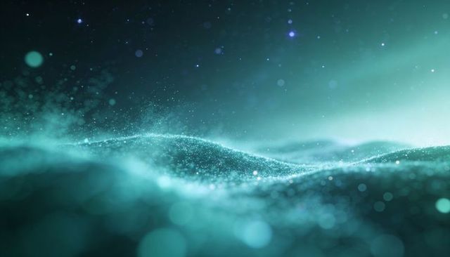 Shimmering turquoise data wave conveying digital flow with floating particles and bokeh