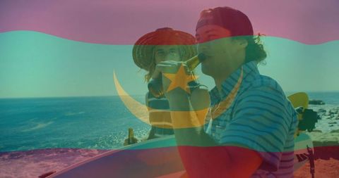 Surfers Enjoying Beach Vibes with National Flag Overlay