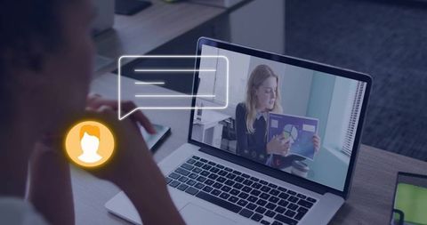 Remote professional watching virtual presentation on laptop with chat overlay