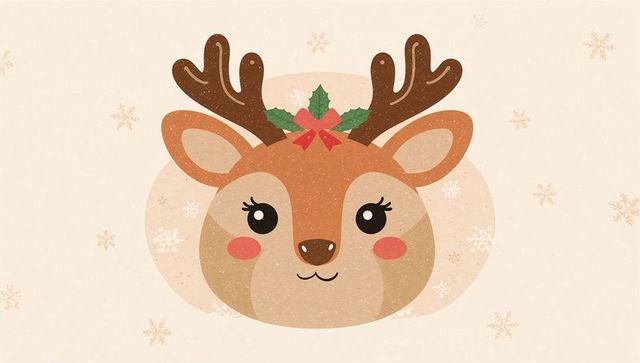 Cute Reindeer Head with Holly Bow and Snowflakes - Christmas Cartoon Vector Illustration