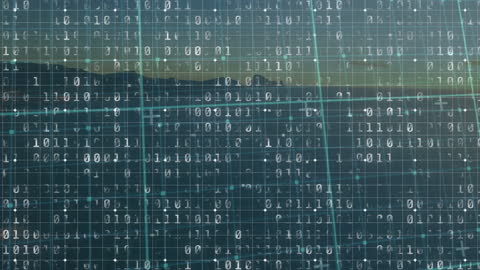 Binary Code Overlay on Coastal Landscape at Sunset