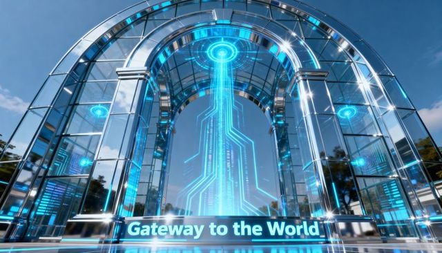Projecting cyan circuit portal through glass chrome arch welcoming global connectivity