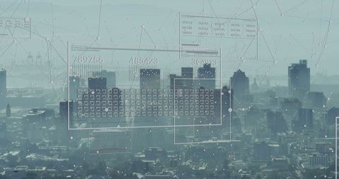 Futuristic technology overlay in hazy cityscape