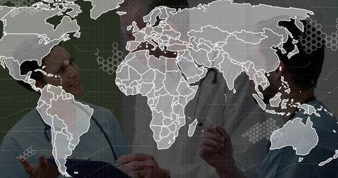Medical team analyzing global health data with digital world map and hex grid overlay