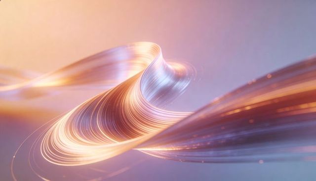 Luminous flowing filament ribbon twisting in soft gradient light for futuristic tech design