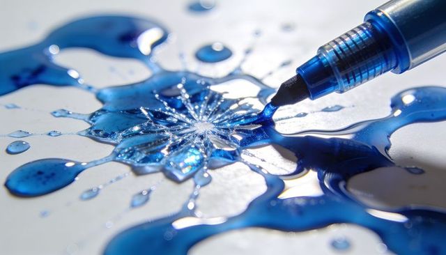 Blue ink starburst forming radial splash with pen tip dragging droplets on glossy paper