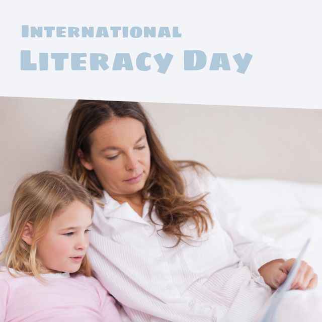 Composite of international literacy day text with caucasian mother and daughter reading book at home. Family, togetherness, childhood, knowledge, learning and awareness concept.