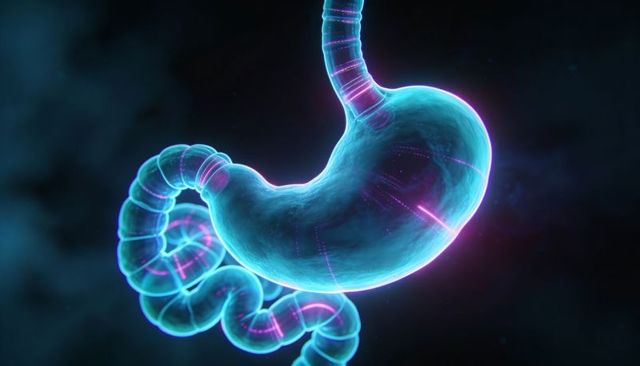 Neon holographic stomach and coiled intestine 3d medical visualization for diagnostics