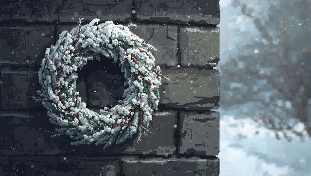 Frosted winter wreath hanging on gray brick wall, snowfall dusting, blurred snowy branches