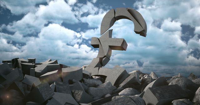 Cracked pound symbol rising from rubble against cloudy sky, representing financial crisis and economic downturn. Useful for illustrating concepts related to financial instability, economic hardships in the UK or broader discussions about currency fluctuations and market collapse.