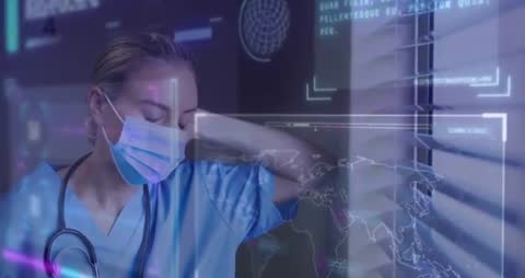 Healthcare Worker Tracks Global Data with Futuristic Tech Displays