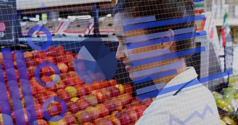 Retail data visualization overlaying shopper inspecting apples in produce aisle