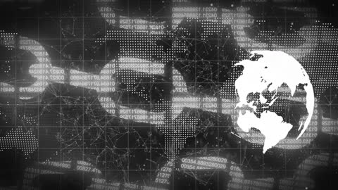 Illustration shows digital Earth model with cybersecurity and networking videory. Binary and abstract data illustrate technological global connectivity. Ideal for concepts of cyber security, digital infrastructure, data encryption, online protection, and global information technology networks.