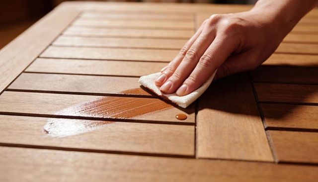 Hand applying teak stain with cloth on slatted wood table close-up for outdoor furniture