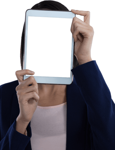 Businesswoman Holding Tablet Out in Front of Face Transparent Background