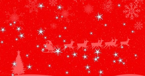 Festive Red Background with Santa's Sleigh and Falling Snow