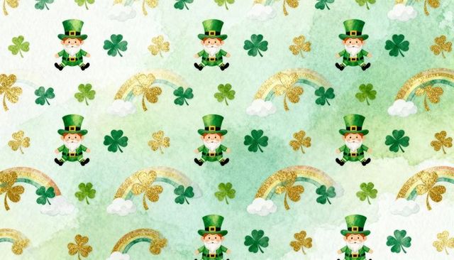 Playful watercolor leprechaun shamrock seamless pattern with gold glitter rainbows