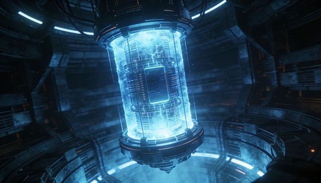 Futuristic energy containment reactor core emitting pulsing blue plasma