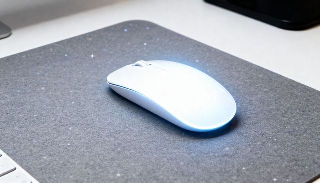 Glowing white wireless mouse with blue led on felt desk pad, minimal modern workspace