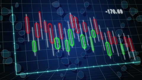 Animated Financial Chart with Red and Green Candlesticks on Blue Grid