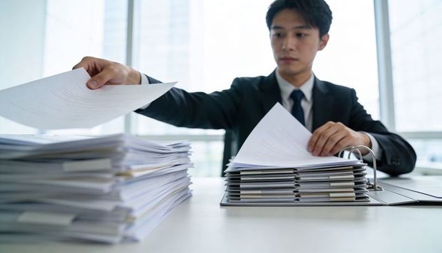 Business professional organizing paperwork and filing documents at modern office desk