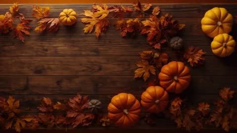 Pumpkins and Leaves Forming Autumn Decor on Rustic Table