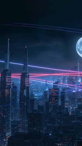 Futuristic vertical neon metropolis showcasing sweeping cyan beams and moonlit tower X trails