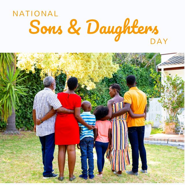 Rear view of african american multigeneration family in yard and national sons and daughters day. Text, composite, family, love, childhood, togetherness, nature and celebration concept.