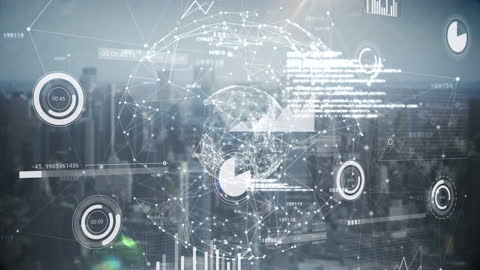 Futuristic Digital Interface Over City Skyline with Globe