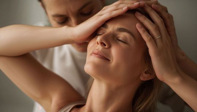 Couple sharing tender intimate moment at home, woman smiling while partner holds head