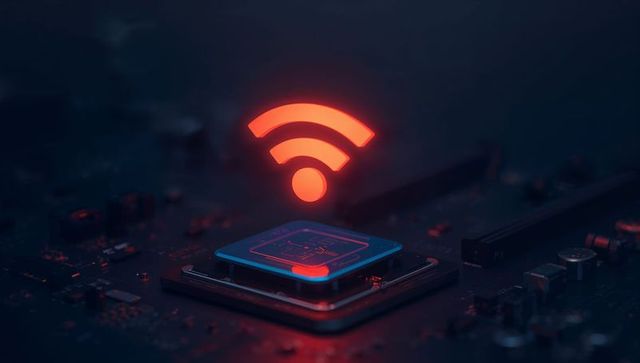 Glowing microchip with red wi-fi symbol on circuit board